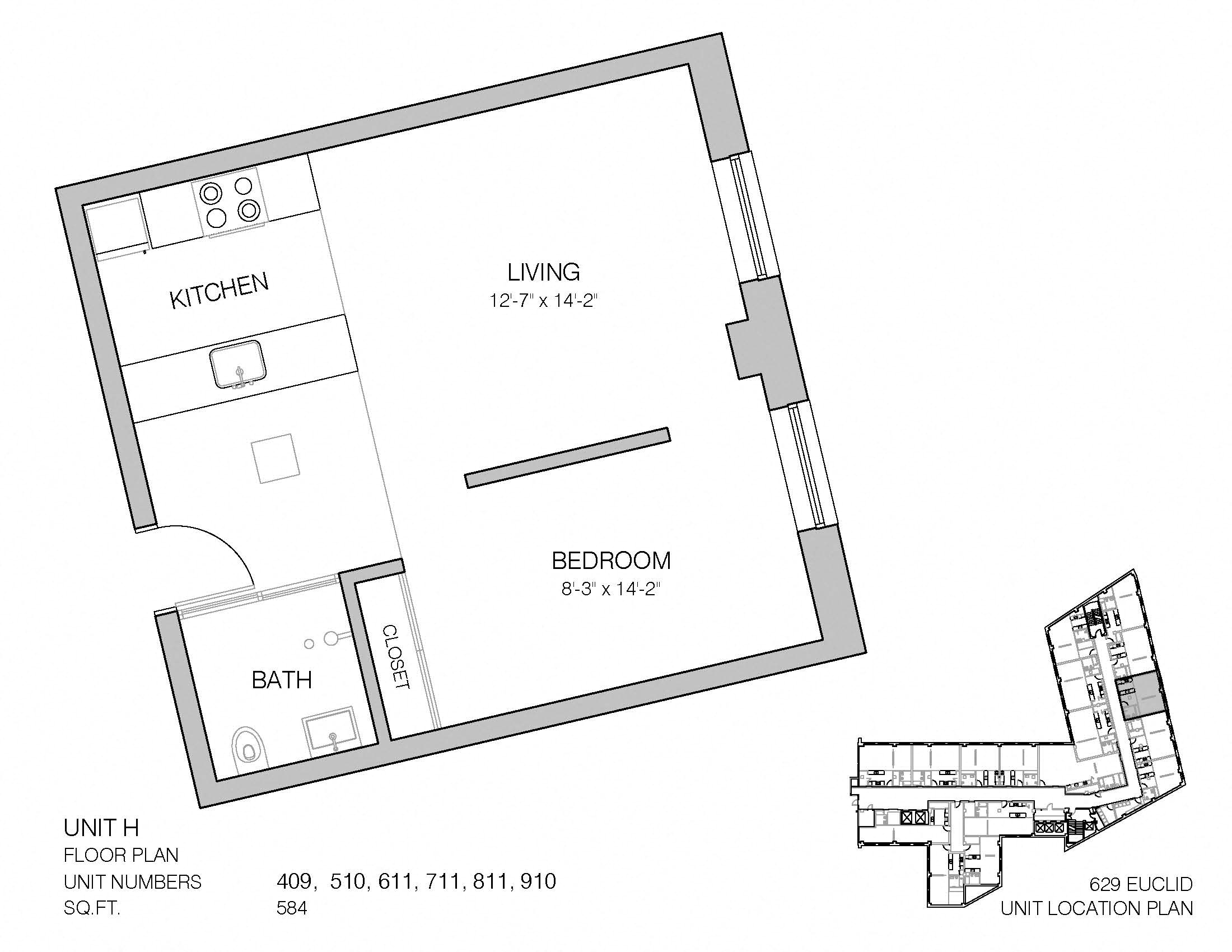 Floor plan for 1 bed, 1 bath, 584 sqft
